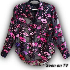 Alice + Olivia Velvet Flocked Sheer Chiffon Designer Blouse XS Black Seen on TV